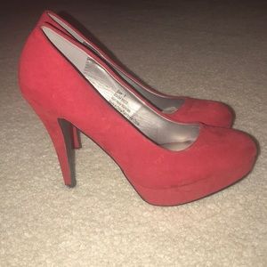 Red faux suede heels with platform